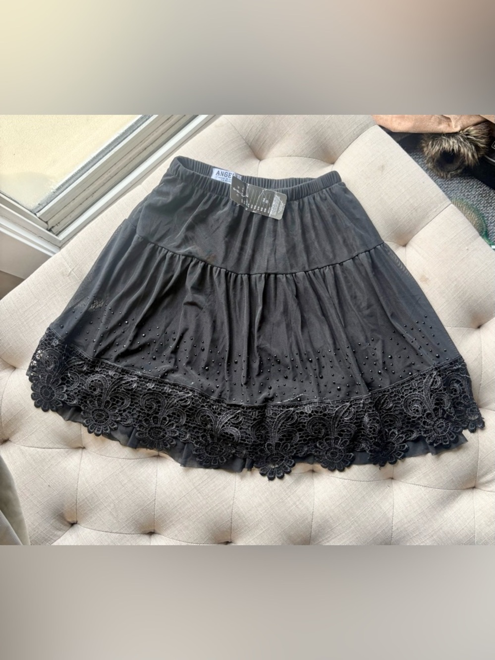 Angela Black Mini Skirt with Lace Hem and Bead Accents